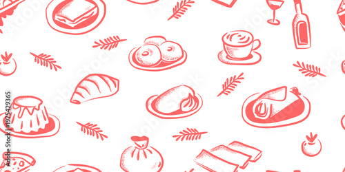 Red hand drawn italian food seamless pattern doodle. Sketch restaurant background for cafe menu and wrapping paper.