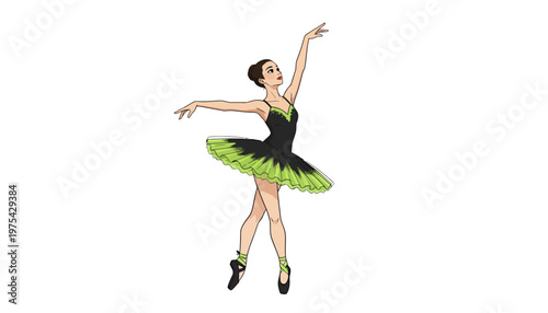 A beautiful young ballerina dancing in a green and black tutu