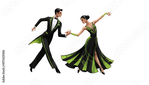 A couple dancing in a beautiful, elegant, and vibrant green and black outfit