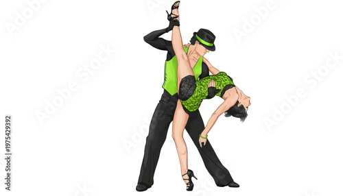A couple dressed in green and black performing a dramatic dance move