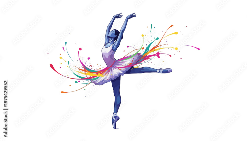 Obraz premium A ballerina in a dynamic pose with colorful paint splashes around her