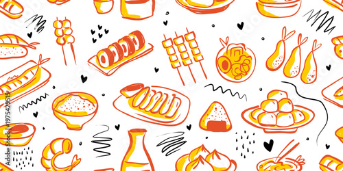 Japanese food scattered crayon doodle pattern Set with Sushi and ramen for packaging design.