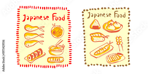 Japanese food Crayon hand drawn Menu poster template with sushi and Tempura on yellow background.
