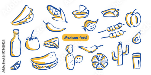 Mexican food Crayon hand drawn doodle set with Taco nachos and cactus for menu graphic design.