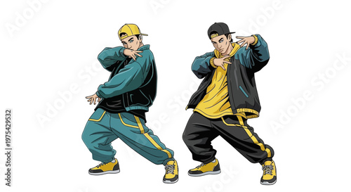 Two young men in casual streetwear dancing energetically in a studio