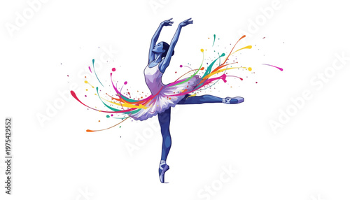 A ballerina in a dynamic pose with colorful paint splashes around her