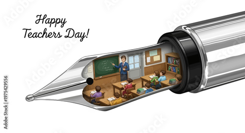 A creative illustration of a classroom inside a pen nib on Teachers Day