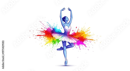 A colorful ballerina dancing in a vibrant and dynamic pose with paint splashes
