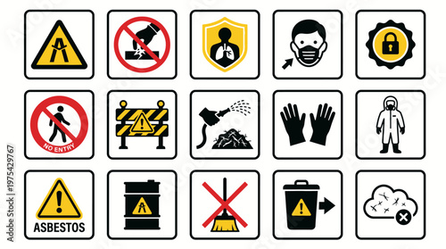 Set of asbestos hazard and safety warning icons for construction and industrial sites. EPS Editable. Vector Illustrations.