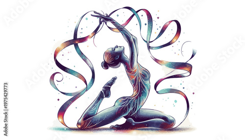 A dancer performs a dynamic pose with colorful ribbons flowing around her