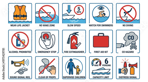 Set of boating safety rules and nautical hazard icons for marine navigation. EPS Editable. Vector Illustrations.