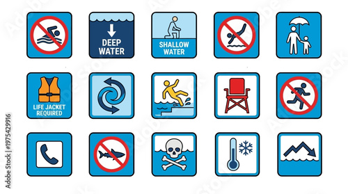 Collection of beach and swimming pool safety warning signs and hazard icons. EPS Editable. Vector Illustrations.