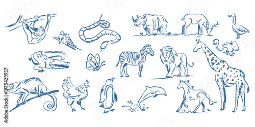 Kid Crayon hand drawn doodle wild animal Set. Lion, giraffe, Zebra elements for print and poster design.