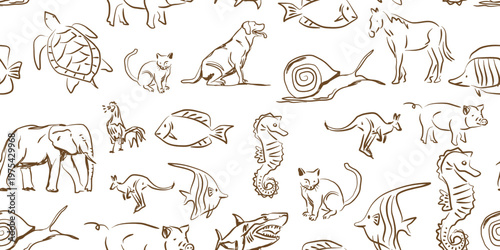 Yellow mixed animal seamless Pattern doodle. Cute crayon hand drawn Pet and sea life background for textile.