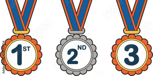 1st 2nd 3rd medal, first second third place award badge, winner prize ribbon symbol, guarantee sign logo template, clean vector clip art illustration.