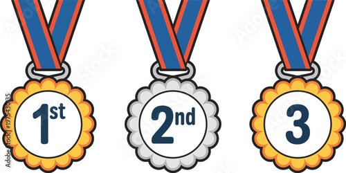 1st 2nd 3rd medal, first second third place award badge, winner prize ribbon symbol, guarantee sign logo template, clean vector clip art illustration.