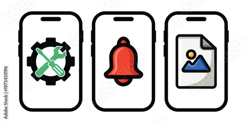 mobile phone device icon. Gear symbol, bell symbol, picture symbol