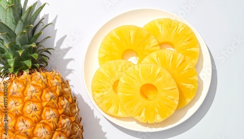 a whole fresh pineapple alongside neatly arranged canned pineapple slices.