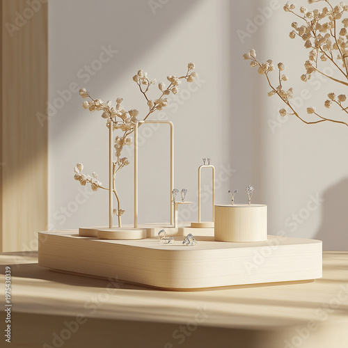  a realistic small jewelry business display stand based on the theme element with simple minimal aesthetic 