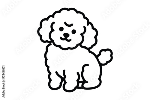 Simple black and white line of a fluffy white poodle dog sitting