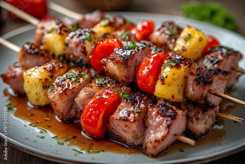 grilled teriyaki ham and pineapple skewers on a plate