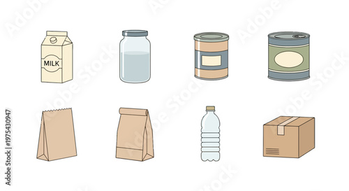 Minimalist Food and Beverage Packaging Vector Icons Set, Product Container Flat Design Illustrations