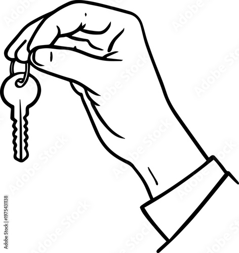 Hand Drawn Hand Holding Key Black and White Illustration in Minimal Line Art Style Design