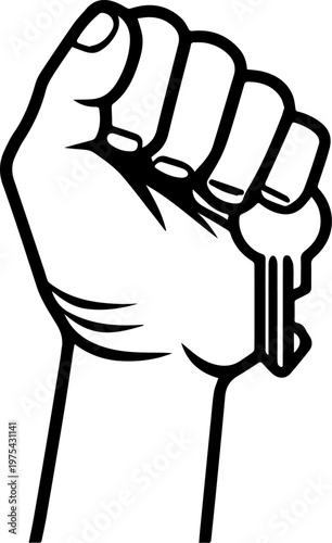Hand Drawn Hand Holding Key Black and White Illustration in Minimal Line Art Style Design