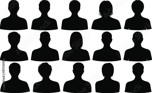 Collection of diverse human avatar silhouettes set, male and female profile icons, user placeholder portraits, black head icons isolated for social media interface design