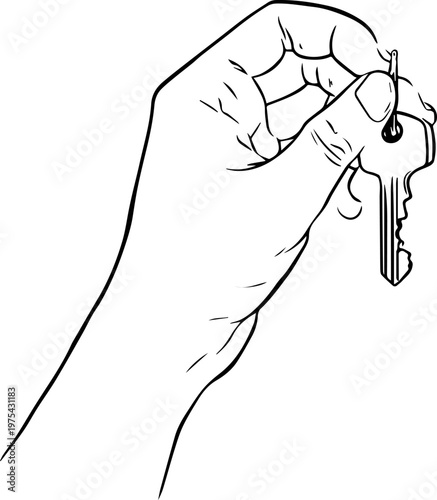 Hand Drawn Hand Holding Key Black and White Illustration in Minimal Line Art Style Design