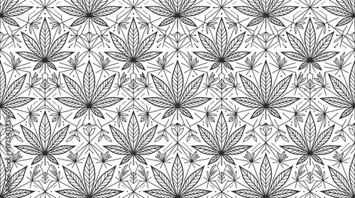 Intricate monochrome repeating leaf pattern with seamless tessellated motif suitable for textiles and graphic design.