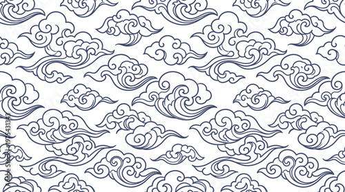 Intricate repeating cloud pattern design for textiles and graphics.