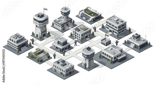 Isometric 3D illustration showing an army base strategy map with buildings, a warship dock, and a military headquarters connected by roads, set against a clean backdrop