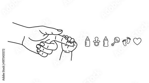 Minimalist line drawing of adult hand holding baby hand with bottle, pacifier, rattle, footprints, heart, nurturing love.