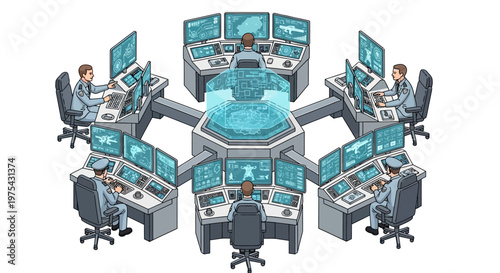 Isometric illustration depicts a military headquarters with personnel planning logistics and strategy at computer stations in a high-tech war room, set against a clean white background