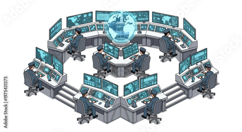 Isometric illustration of a military headquarters featuring personnel at workstations arranged in a circle, monitoring global data on multiple screens, set against a clean white background