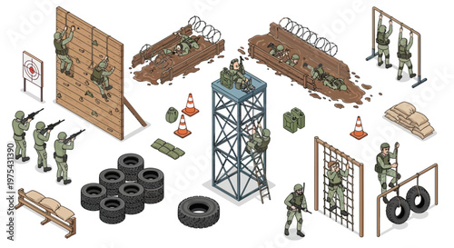 Isometric 3D illustration showcasing military training exercises at an army base, featuring soldiers navigating obstacle courses and practicing marksmanship in a detailed vector design