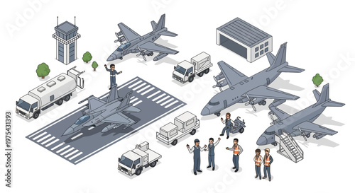 Isometric 3D illustration showcases a detailed military airbase, complete with fighter jets on the runway, a control tower, and various support vehicles, all set against a clean backdrop