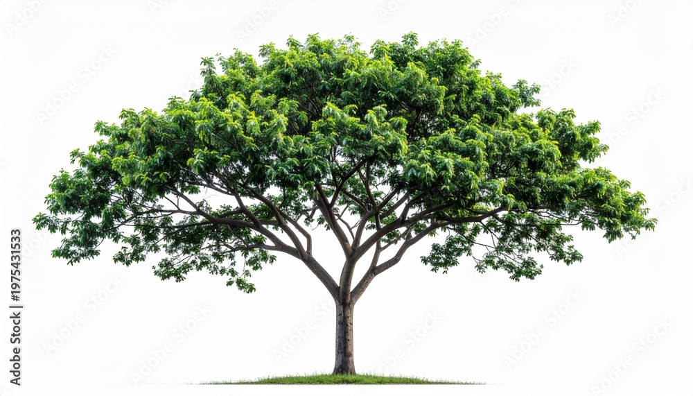 Obraz premium Vibrant green tree with a sprawling, dense canopy, symbolizing natural growth and vitality, beautifully isolated on a clean white background for design clarity