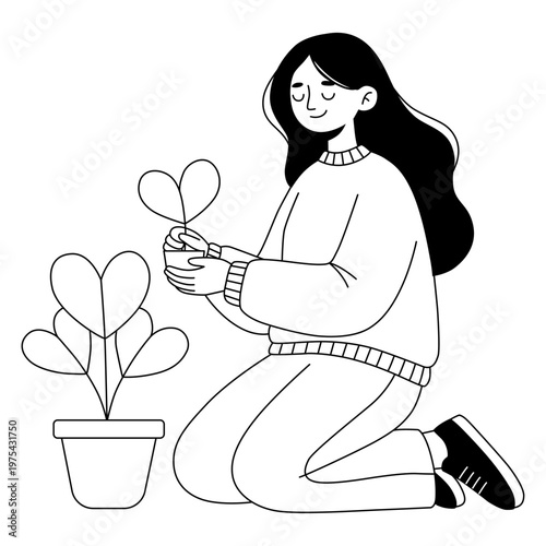Young Woman Planting Heart-Shaped Leaves Indoor Plant, Gardening, Nurturing, and Self-Care Illustration