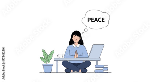 A young woman practicing meditation at her office desk for inner peace and mental clarity. EPS Editable. Vector Illustrations.
