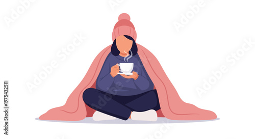 A young woman sitting comfortably while wrapped in a warm blanket and holding a hot beverage. EPS Editable. Vector Illustrations.