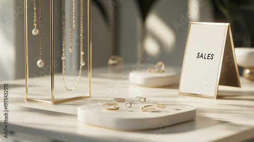  A presentation on a wide, light, polished white marble table, with neatly arranged simple rings, chains, pendants, and earrings. In the background, some chains are hanging on a stand. Beside the 