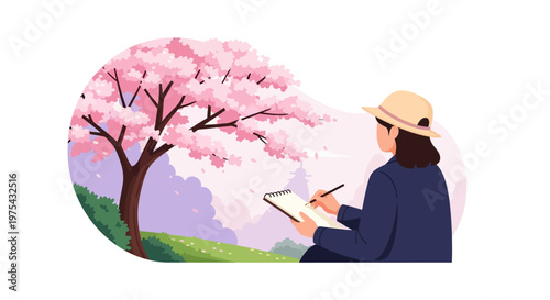 A young woman sitting in a park sketching on a notepad. EPS Editable. Vector Illustrations.