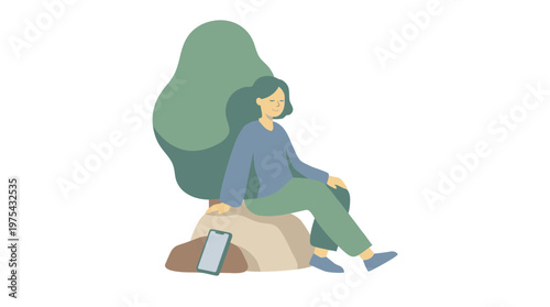 A young woman sitting on a rock in nature with a mobile phone nearby. EPS Editable. Vector Illustrations.
