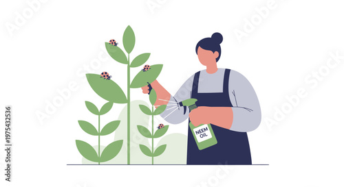A young woman using neem oil spray to protect her garden plants from pests. EPS Editable. Vector Illustrations.
