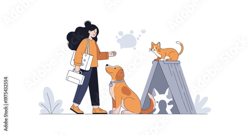 A young woman walking with her dog and cat near a small pet house. EPS Editable. Vector Illustrations.