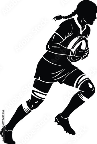 Female rugby player running with ball silhouette, woman athlete action vector illustration isolated on white background, sports competition, team game, dynamic motion graphic