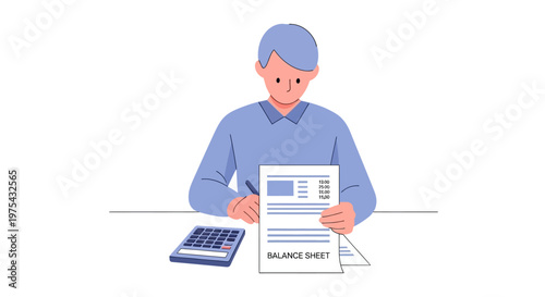 Accountant reviewing a balance sheet with a calculator on the desk. EPS Editable. Vector Illustrations.