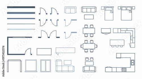 Architectural floor plan furniture and interior design symbols set. EPS Editable. Vector Illustrations.